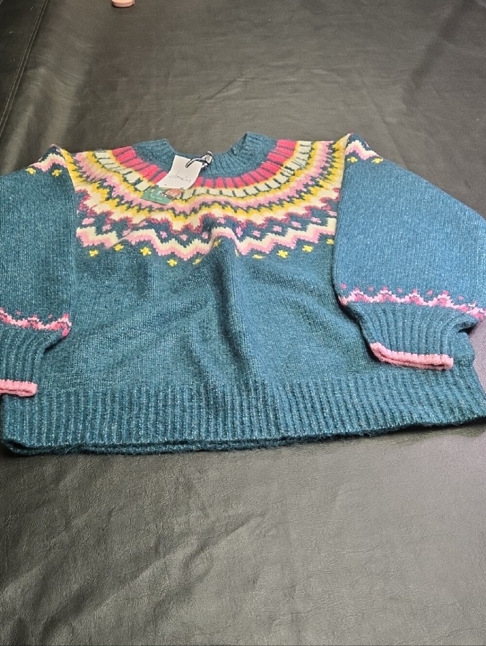 Joules Teal Fair Isle Crewneck Sweater with Pink and Yellow Accents